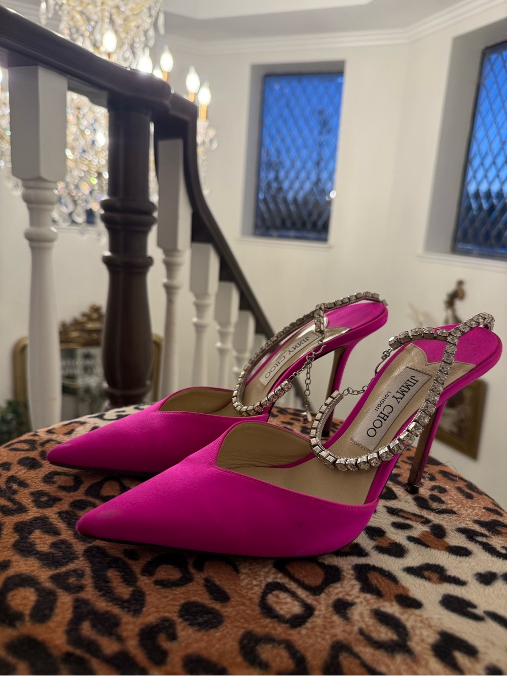 Jimmy Choo Fuchsia Satin Pointed-Toe Slingback Heels with Crystal Trim
